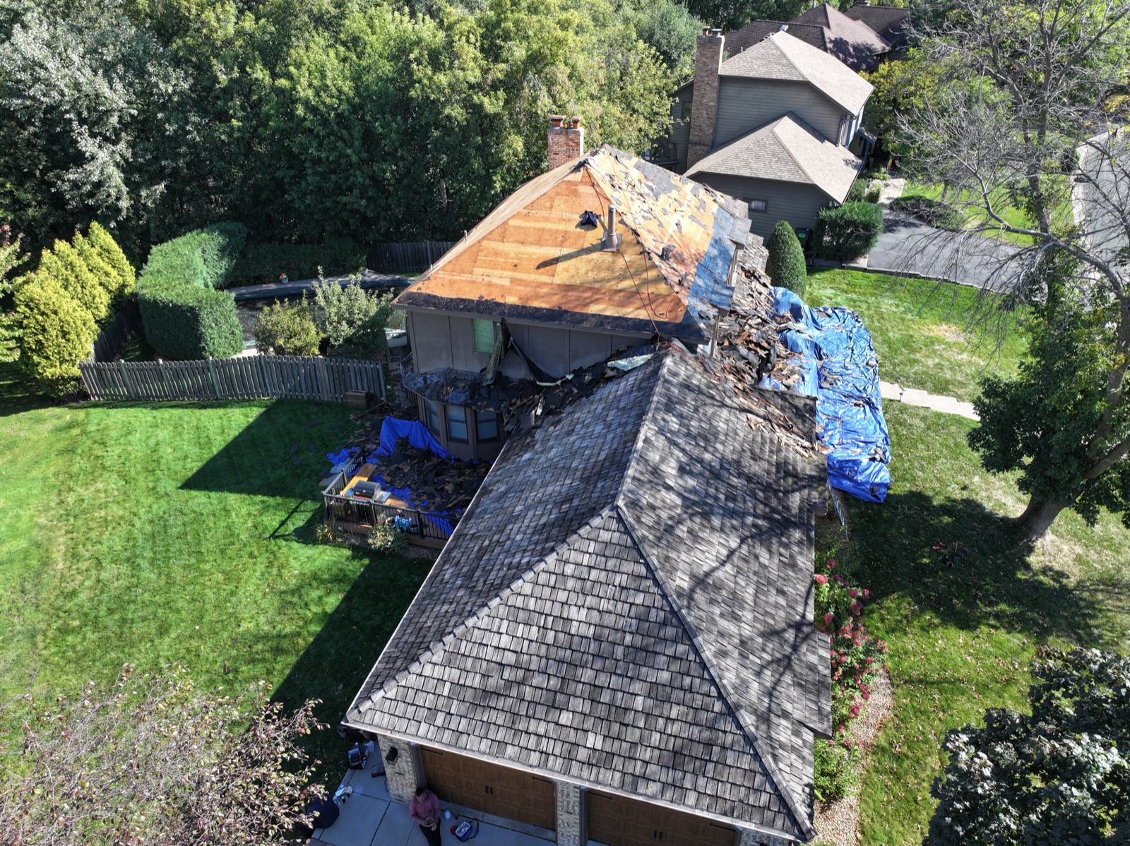 Aerial of a completed roofing project