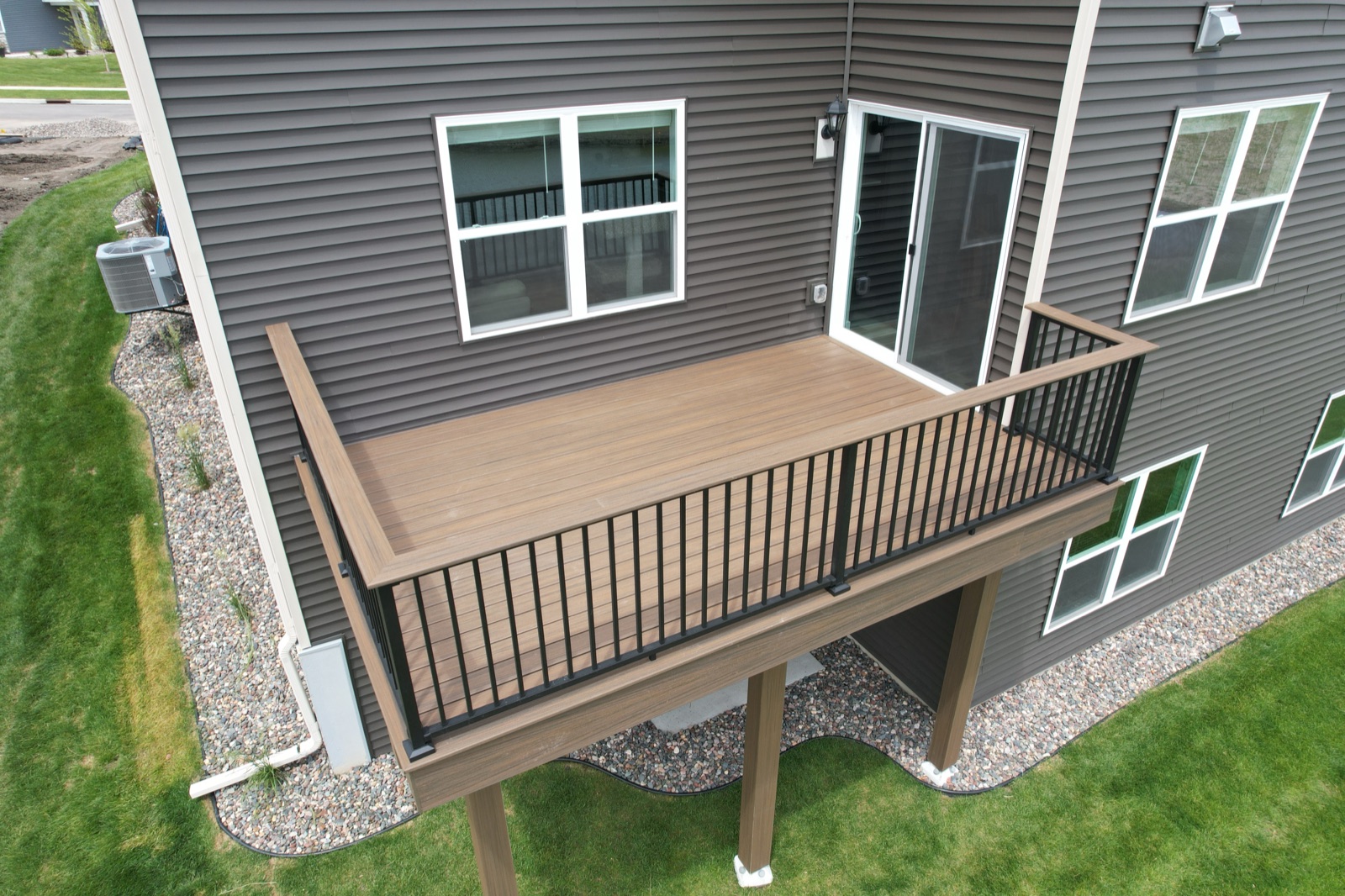 Custom backyard deck build, aerial view